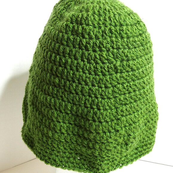 Dark Green Bucket Hat OS Handmade Crochet Hand Knit Roll Up Beanie Spring Garden - Picture 4 of 9